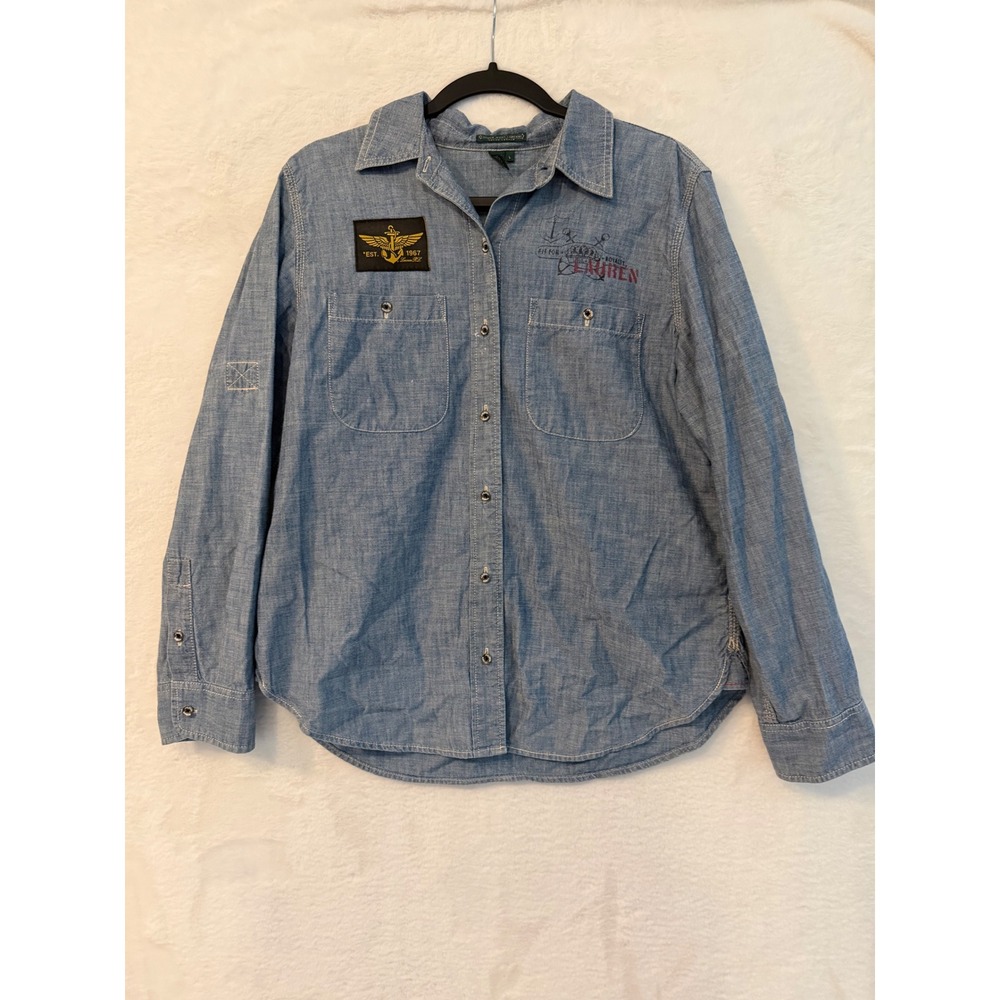 Lauren Ralph Lauren Womens Large Chambray Button Down Shirt Nautical Anchor Blue